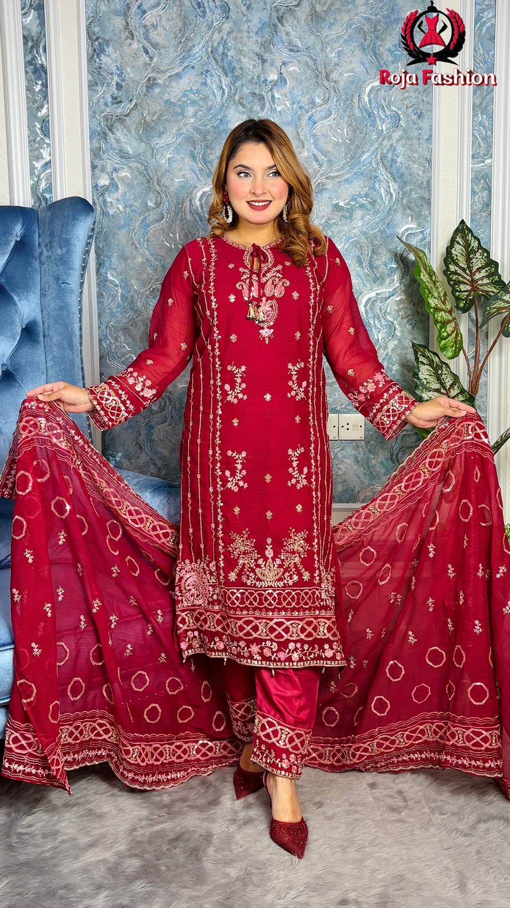 প্রিমিয়াম কোয়ালিটির পাকিস্তানি ইন্সপায়ার্ড ড্রেস Deep Red