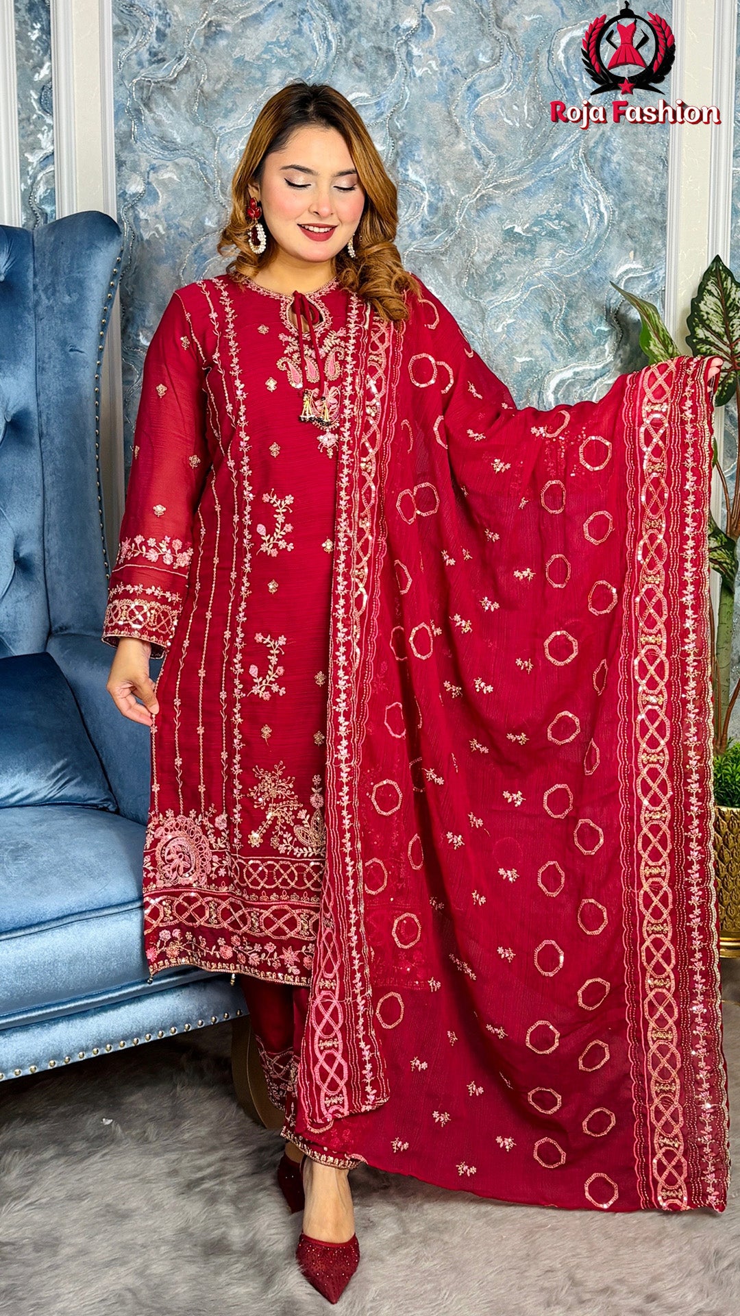 প্রিমিয়াম কোয়ালিটির পাকিস্তানি ইন্সপায়ার্ড ড্রেস Deep Red