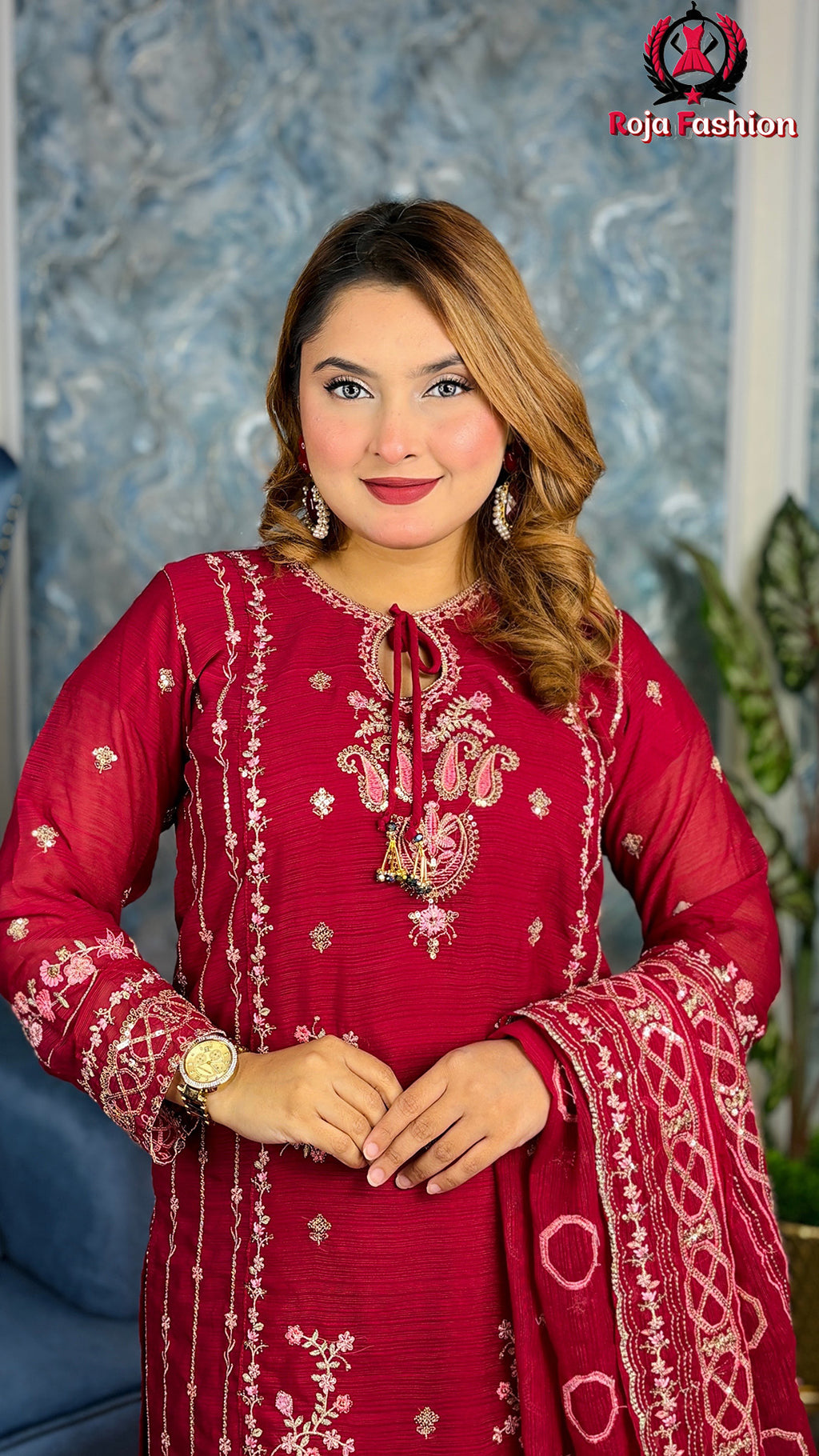 প্রিমিয়াম কোয়ালিটির পাকিস্তানি ইন্সপায়ার্ড ড্রেস Deep Red